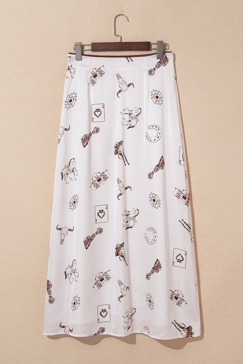 Western Desert Satin Long Skirt with Western Print
